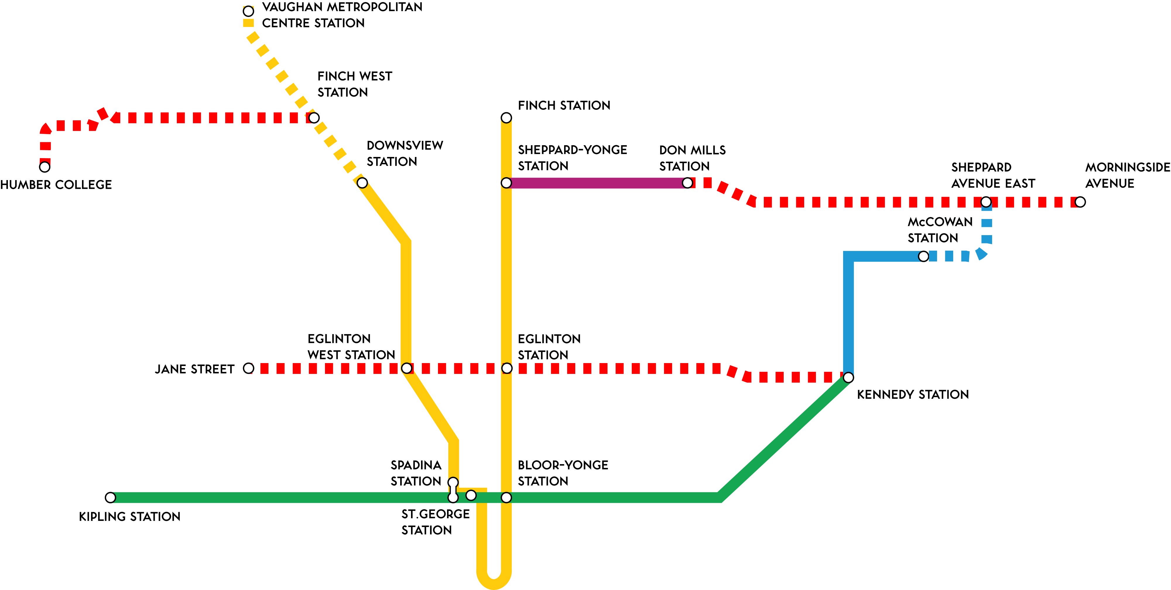 This image shows the network of transit lines that were fully funded prior to their cancellation by Rob Ford. It features the Finch West LRT, the Eglinton Crosstown LRT, and the Sheppard East LRT.